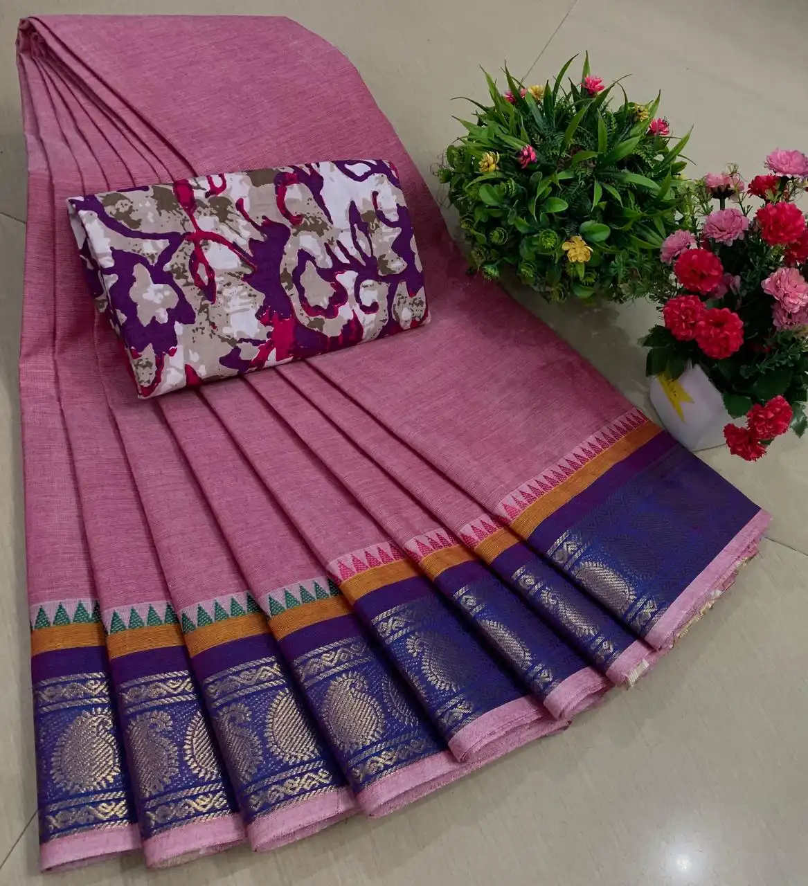Pink Purple Contrast Zari Border  Pure Cotton Saree